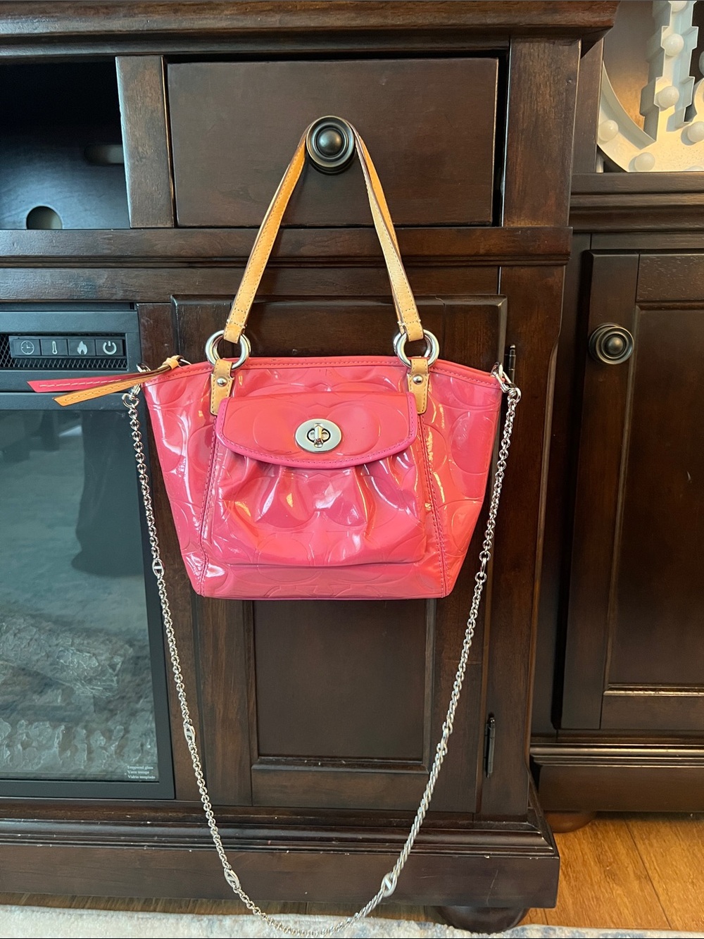 COACH Patent Pink leather Tote with Tan Handles and Chain Strap